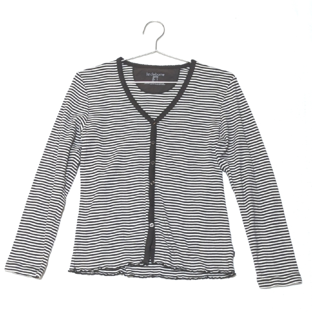 Liz Claiborne | Striped Button Long Sleeve Top Lettuce Hem Soft | Ribbed | Boho